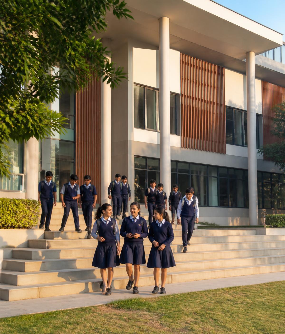 Students of SEM CBSE School walking down the main building steps