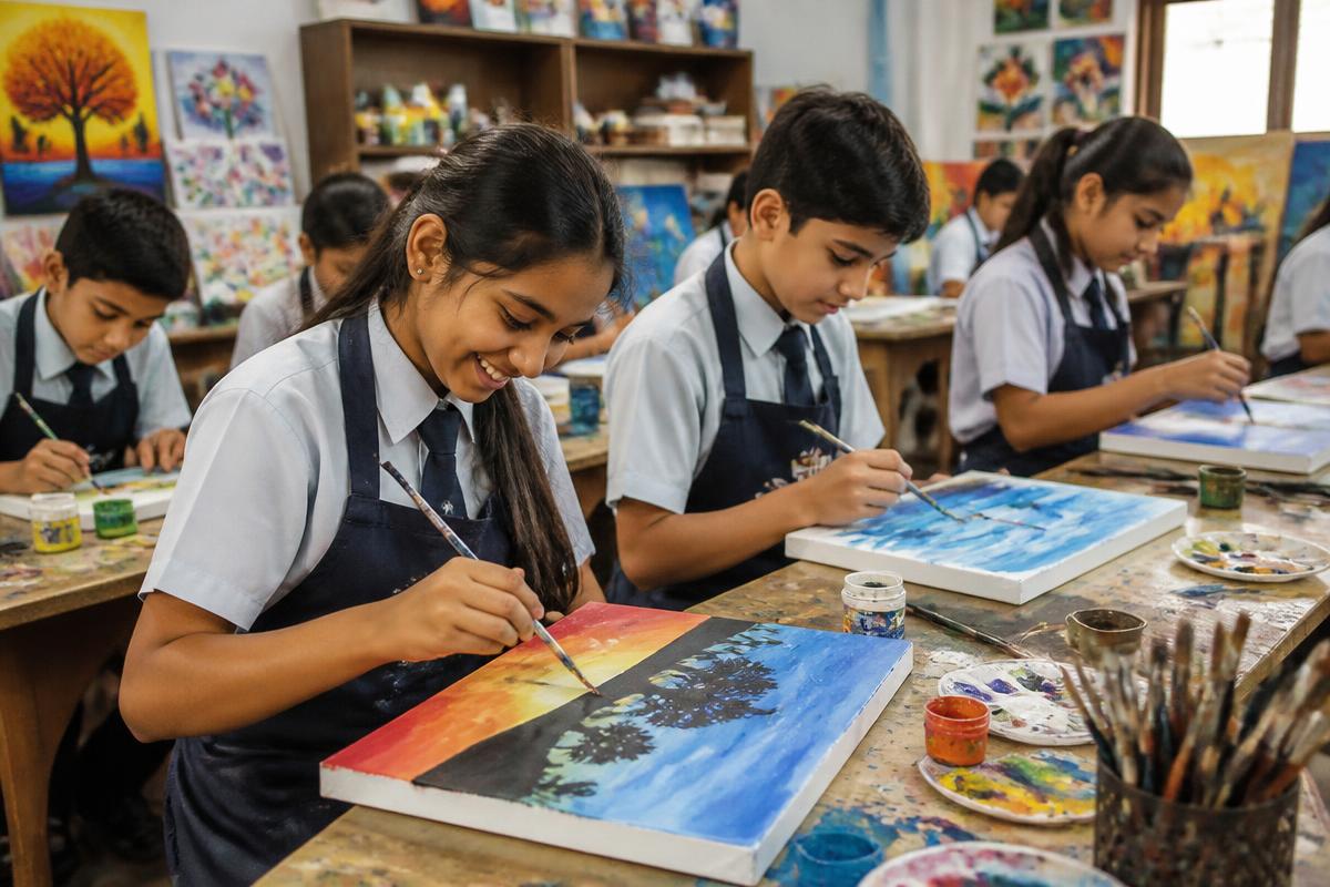 Students painting on canvas during an art class at SEM CBSE School