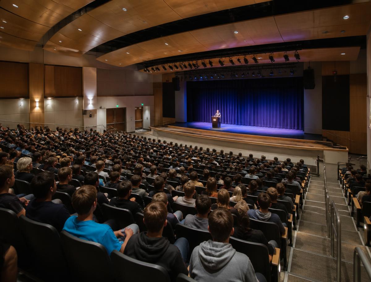 School auditorium with tiered seating during an assembly