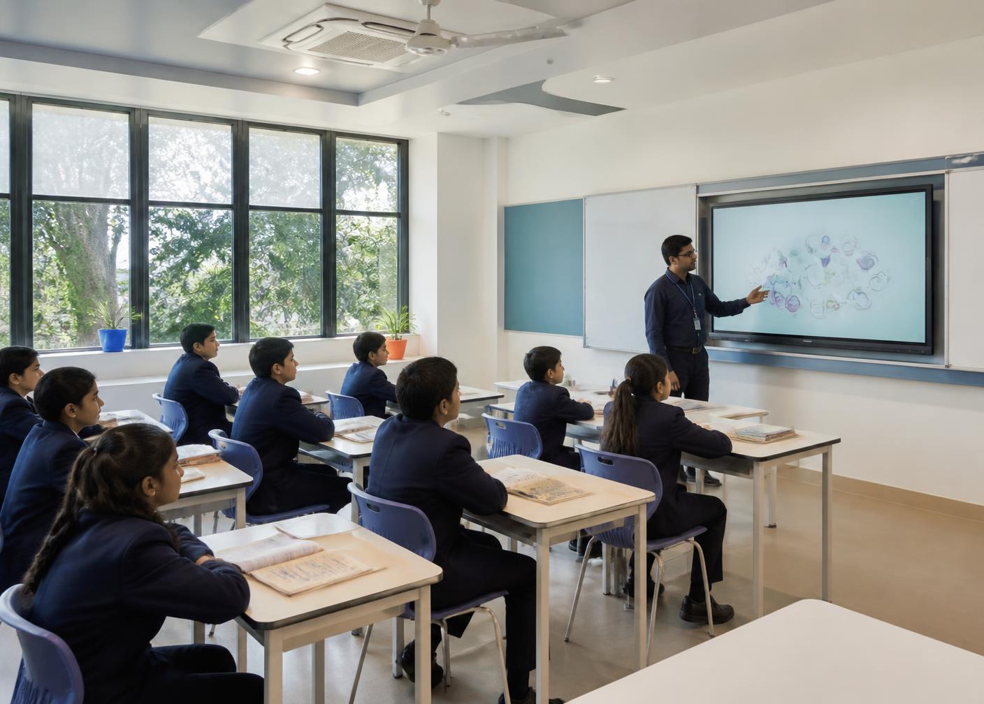 Students in a smart classroom with a teacher at an interactive board