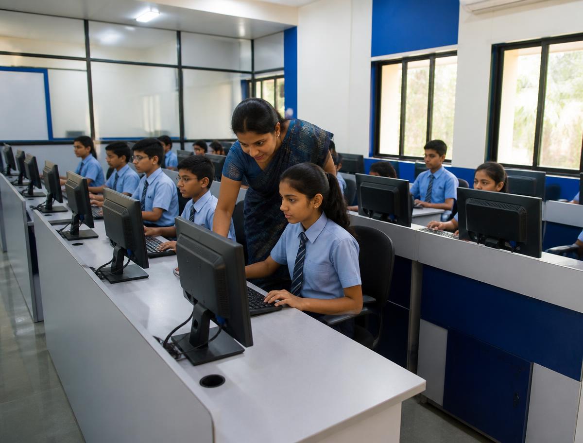 Students working at desktop computers in the school computer laboratory