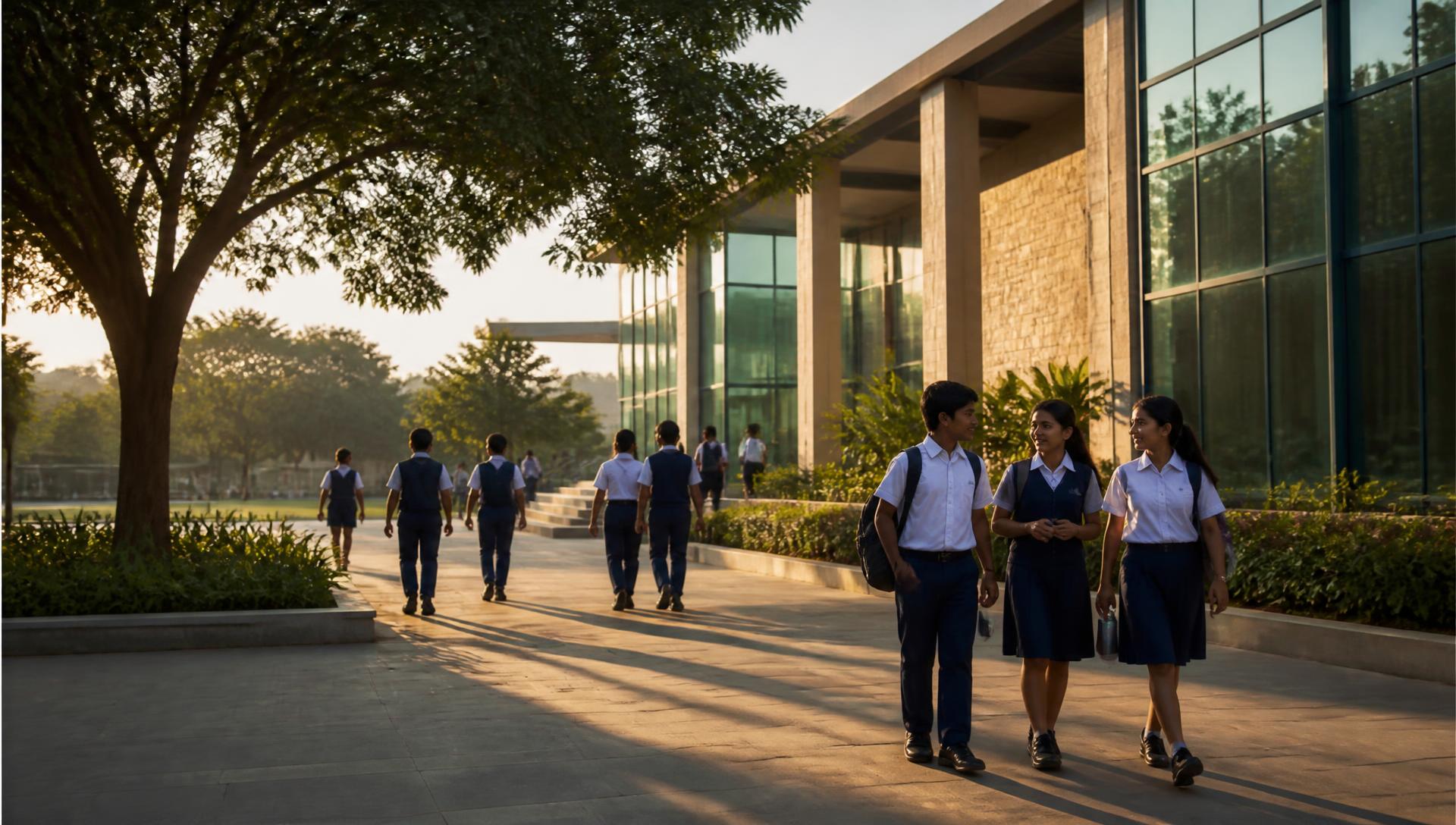 Students walking through the SEM CBSE School campus in the late afternoon