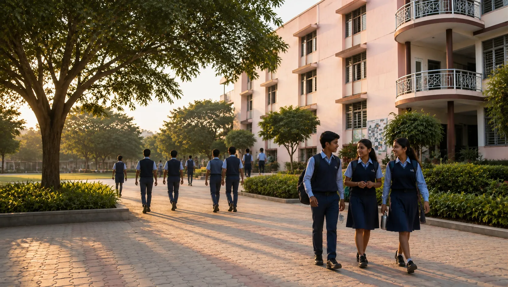 Students walking through the SEM CBSE School campus in the late afternoon