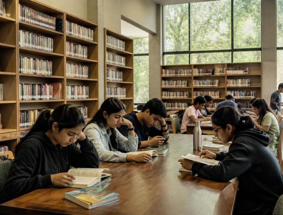 Students reading at long tables in the school library