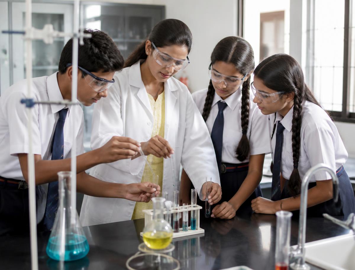 Students conducting a chemistry experiment in the school science laboratory