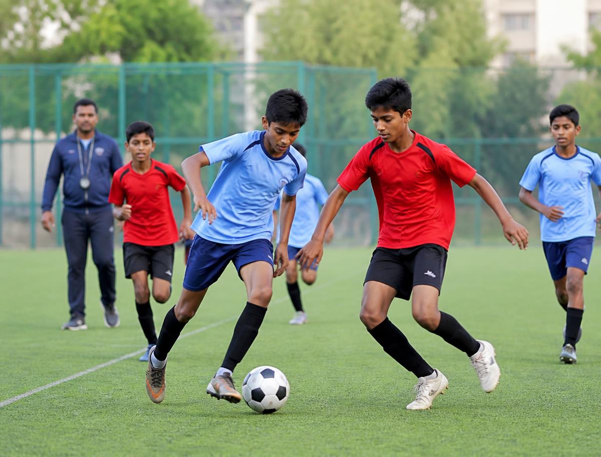 Students playing football on the school sports field